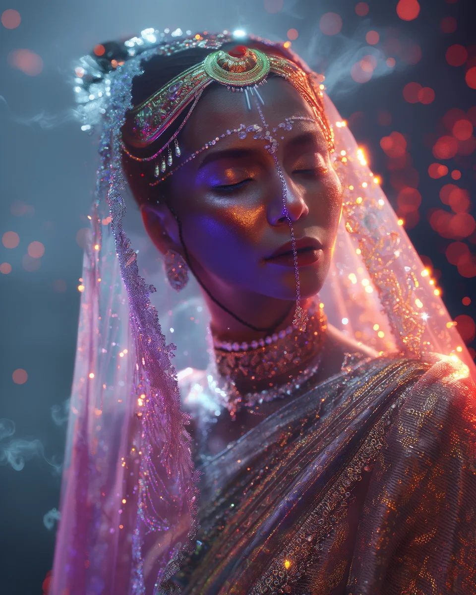 A model wearing sci-fi-inspired futuristic Indian fashion.